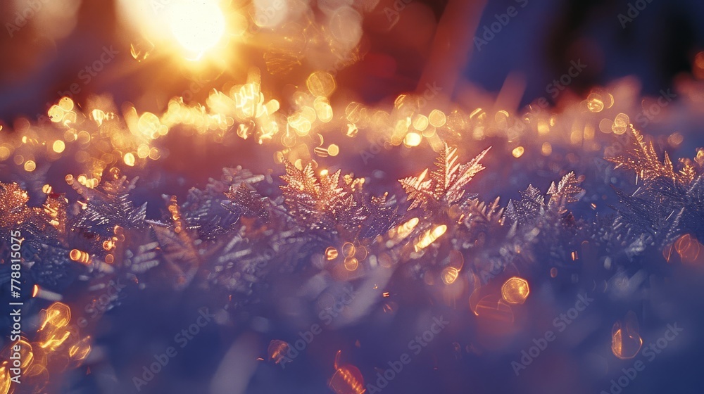 Obraz premium A close-up of snowflakes with the sun shining through the trees in the background of the photo