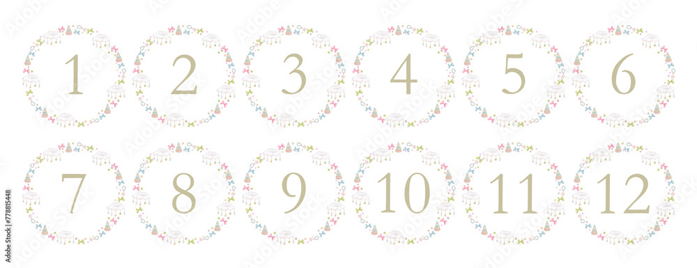 Set of of baby milestone cards. 12 months. Newborn boy or girl. Watercolor baby month anniversary card. Capture all the special moments of little one’s in their first year. One year old child.. Set of of baby milestone cards. 12 months. Newborn boy or girl. Watercolor baby month anniversary card. Capture all the special moments of little one’s in their first year. One year old child..