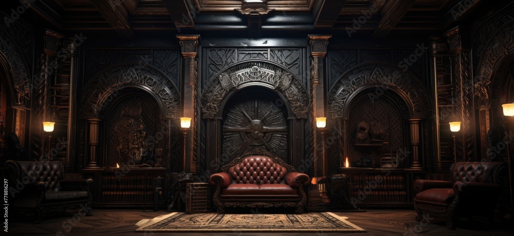 Obraz premium A dark room with a large table and a couch. The room is dimly lit and has a mysterious atmosphere