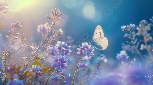 Beautiful wild flowers chamomile, purple wild peas, butterfly in morning haze in nature close-up macro. Landscape wide format © SULAIMAN