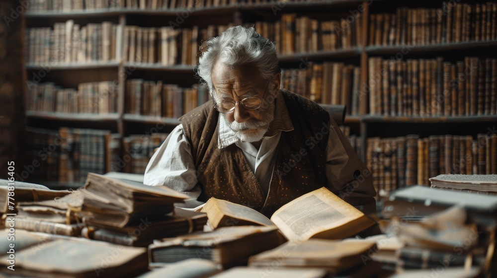 Knowledge: A scholar in a library, surrounded by ancient manuscripts and scrolls Knowledge: A scholar in a library, surrounded by ancient manuscripts and scrolls