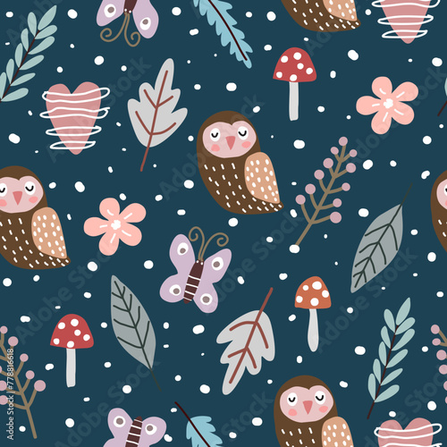 Cute seamless pattern with owls and flowers in cartoon style. Creative vector childish background for fabric, textile or wrapping paper.