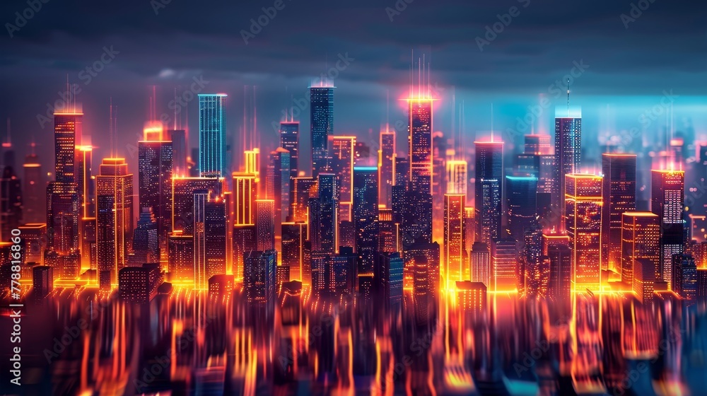 A neon-lit city skyline, each building representing a different aspect of a well-executed pla - obrazy, fototapety, plakaty 