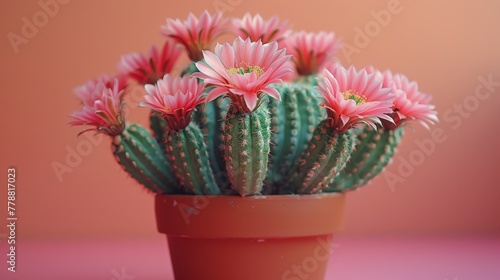  A close-up of a cactus with pink blossoms in a terracotta vase on a pink backdrop with a pink wall in the background (