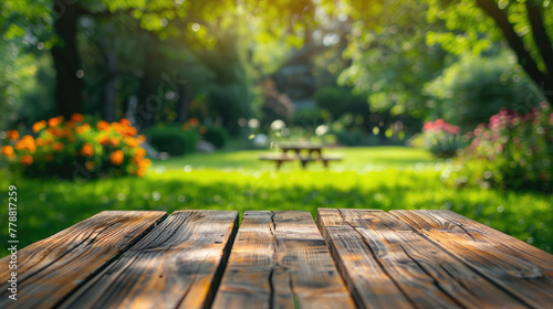 Empty Wooden Table with Garden Background