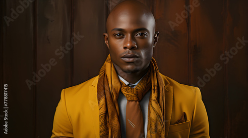 Striking African Man with Shaved Head in yellow Dress.