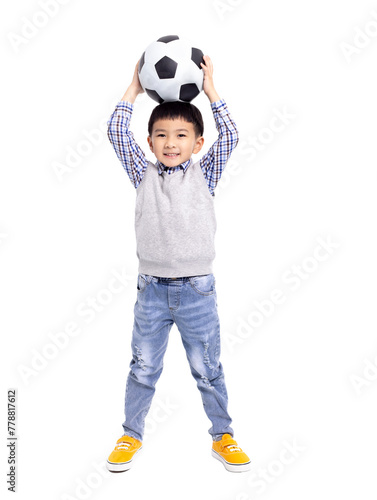 Happy asian Boy  holding with football  isolated on white background