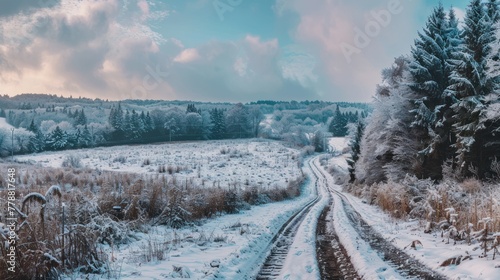 beautiful winter landscape panorama with road and forest.