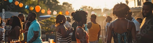 Party scene with people barbecuing, dancing, and celebrating Juneteenth together. ,blurry background photo