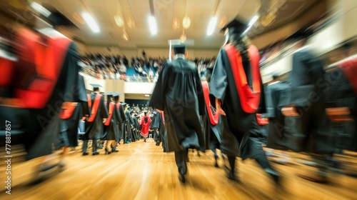 Graduates walking across the stage to receive their diplomas from the university president