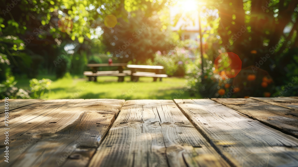 Empty Wooden Table with Garden Background Empty Wooden Table with Garden Background