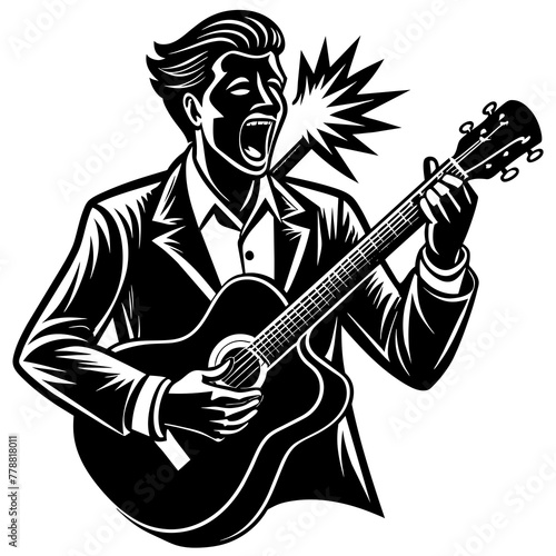 musician with guitar  black guitar silhouette vector illustration icon svg acoustic guitar characters Holiday t shirt Hand drawn trendy Vector illustration music instrument on black background