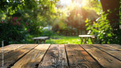 Empty Wooden Table with Garden Background