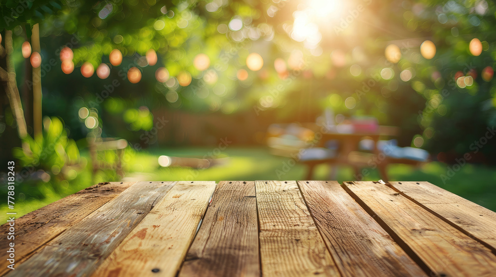 Empty Wooden Table with Garden Background Empty Wooden Table with Garden Background