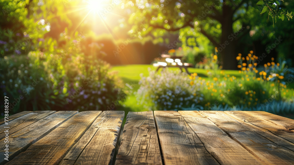 Empty Wooden Table with Garden Background Empty Wooden Table with Garden Background