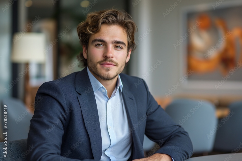 Confident young businessman, executive director, boss, sitting in office, business suit, looking at camera, professional demeanor, indoor environment. Confident young businessman, executive director, boss, sitting in office, business suit, looking at camera, professional demeanor, indoor environment.