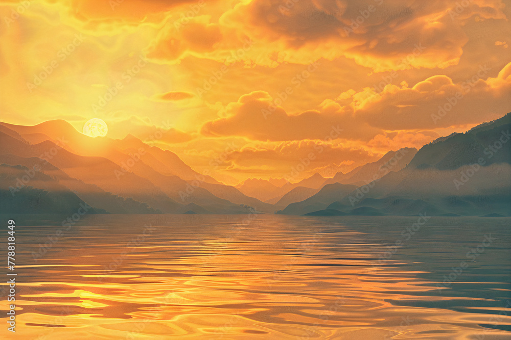 mountain landscape golden clouds mist scenic lake serene background sunset scenic panorama