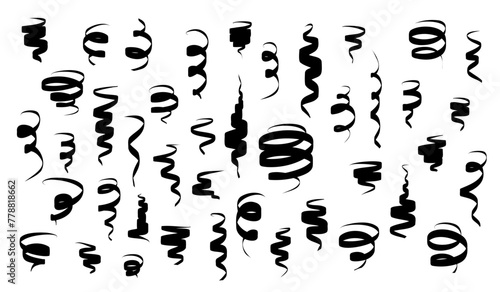 Set of serpentine carnival ribbons set vector background. Black paper streamers isolated on white for gift, greeting, holiday design. Vector graphics in flat style