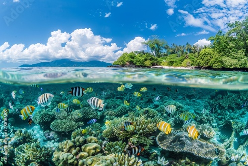A panorama of a coral reef teeming with colorful fish, visible even from a distance through