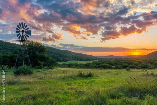 A panorama of a lush green meadow at sunset, with a rustic windmill silhouetted against the colorful sky