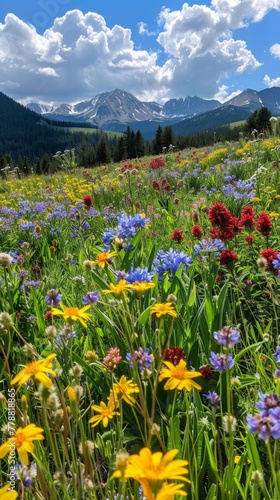 A panoramic vista of a wildflower meadow buzzing with life, showcasing butterflies, bees