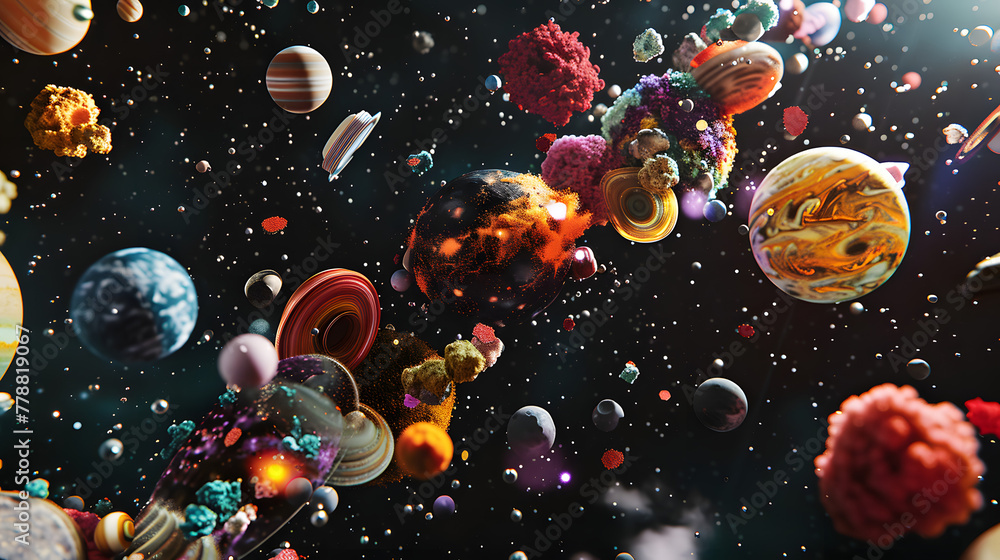 A 3D render of an abstract floating composition made up of various objects like planets and asteroids in cosmic colors A 3D render of an abstract floating composition made up of various objects like planets and asteroids in cosmic colors