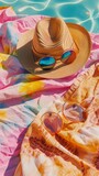 A vibrant still life of summer essentials: a pair of oversized sunglasses, a floppy straw hat, a playful beach towel, and a lightweight