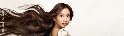 Front View Portrait of Young Asian Woman with Windswept Brown Hair Against a White Background