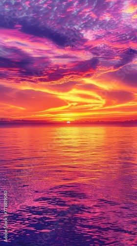 A vibrant sunset painting the sky in streaks of orange, purple, and pink, reflected in the calm ocean water