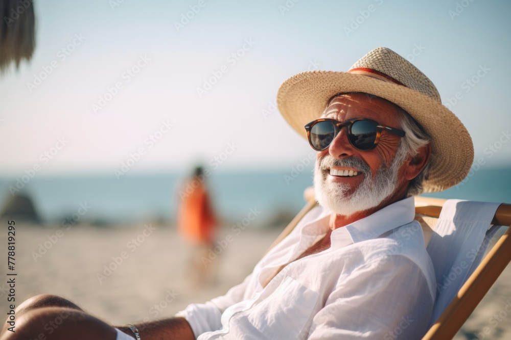 An elderly man enjoys a peaceful day sitting in a chair on the seashore. Generative AI.