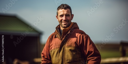 A portrait of a male farmer in overalls stands near his farm. Generative AI. © Budjak Studio