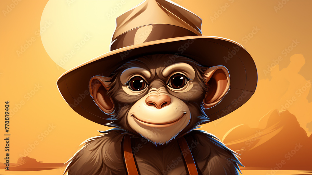 A whimsical cartoon logo of a curious monkey wearing a safari hat.