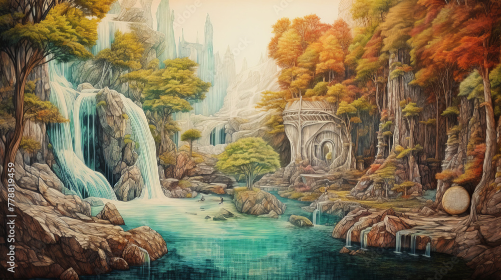 Obraz premium Enchanting waterfall cascading over mossy rocks, reminiscent of a magical realm