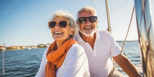 Relaxed of senior couple sailing luxury yacht. Generative AI. © Budjak Studio
