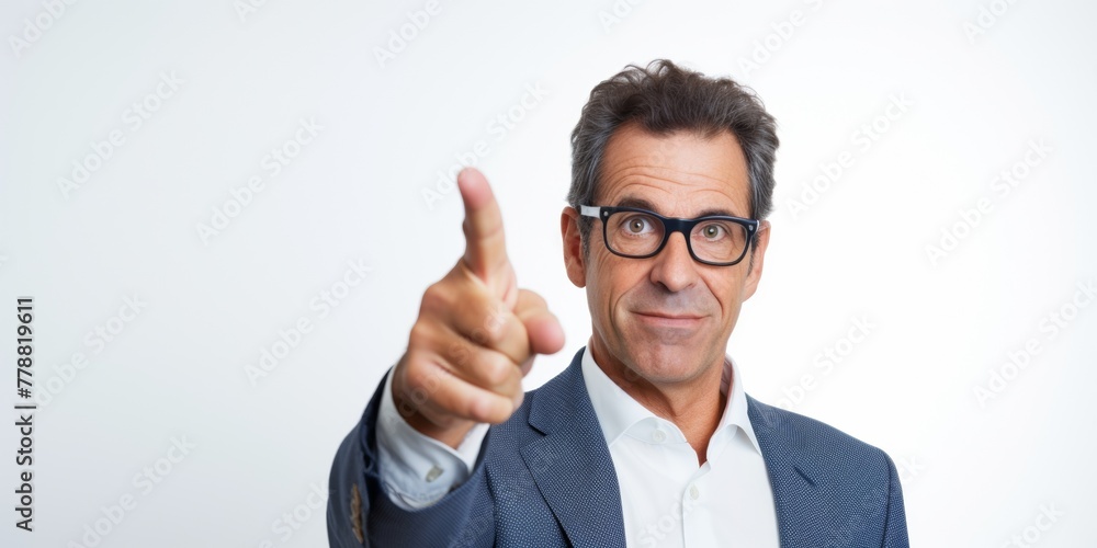 Close up of businessman hand pointing for direction, against white background. Generative AI. Close up of businessman hand pointing for direction, against white background. Generative AI.