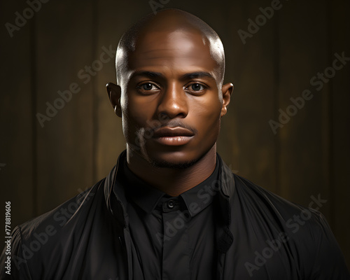African Man with Shaved Head in Vibrant black Dress Against a Simple Background.