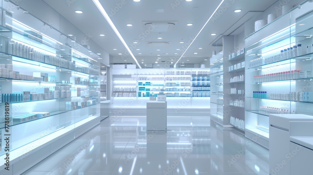Modern Pharmacy Interior, Minimalist and Well-Organized Pharmacy Shop Modern Pharmacy Interior, Minimalist and Well-Organized Pharmacy Shop