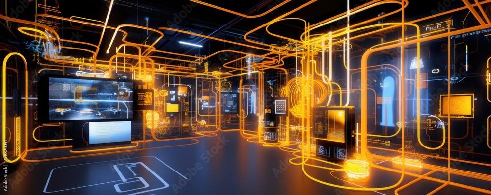 Fototapeta premium Envision a vibrant futuristic cityscape adorned with orange and blue buildings, intricately connected by a web of pipes and wires, symbolizing the nexus of technology and urban living.