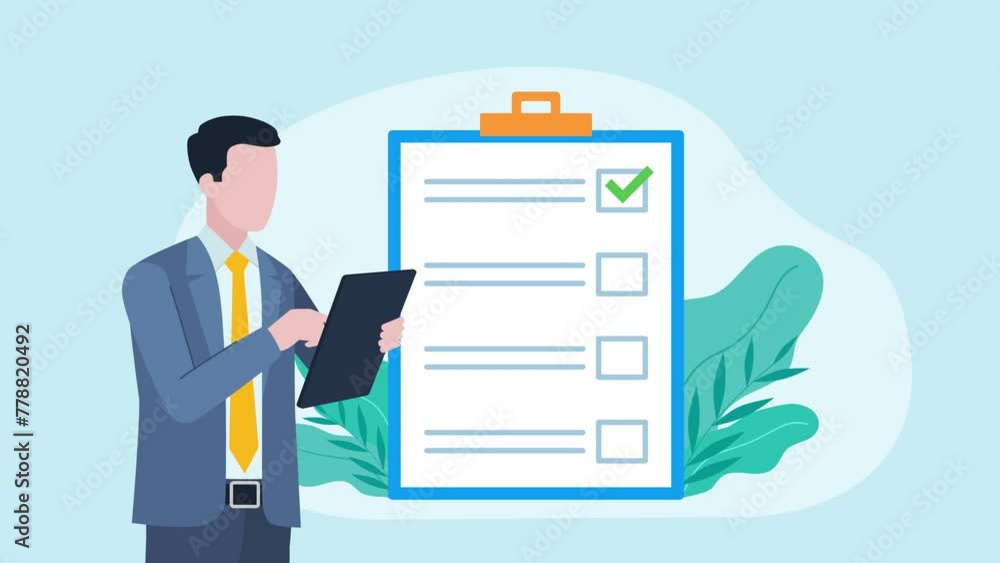 Video clip showing a businessman holding a tablet and filling out a survey. Next to the man a chartbox is shown which has all the answers marked positively. Flat design style animation. Video clip showing a businessman holding a tablet and filling out a survey. Next to the man a chartbox is shown which has all the answers marked positively. Flat design style animation.
