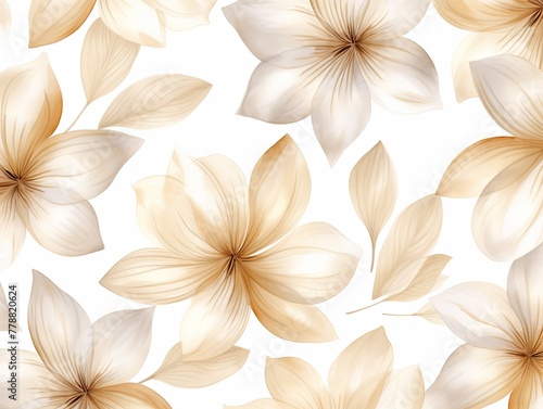 Beige flower petals and leaves on white background seamless watercolor pattern spring floral backdrop