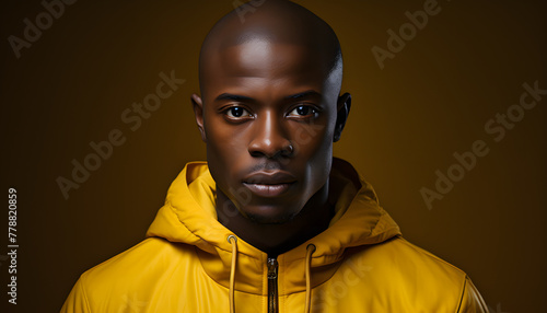 African American man in Bright yellow Dress on Plain Backdrop