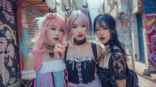 A group of Korean girls showcasing an eclectic mix of pastel goth and kawaii fashion, standing confidently on a vibrant, graffiti-filled street
