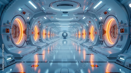 A futuristic space station with a long hallway and many windows