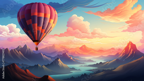 A whimsical logo icon of a flying hot air balloon on a sunrise sky with clouds background.