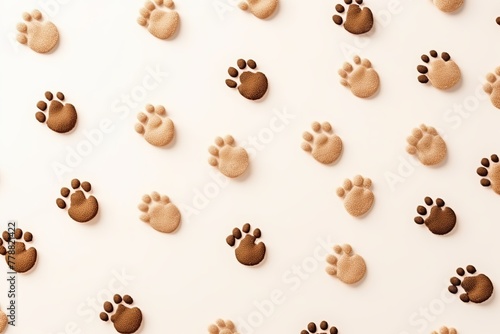 Beige paw prints on a background, minimalist backdrop pattern with copy space for design or photo, animal pet cute surface