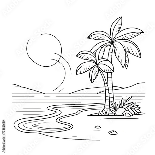 beach scene coloring illustration for kids,
