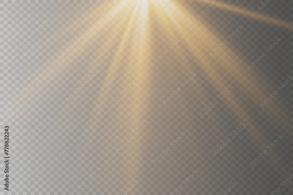 Sunlight with bright burst of light, flare flare, magic, sparks, sun rays, rays effect. On a transparent background.