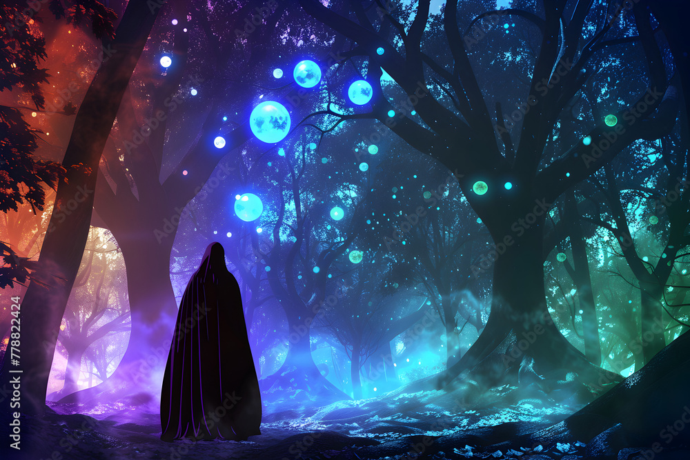 Neon silhouette of cloaked figure in misty forest isolated on black background