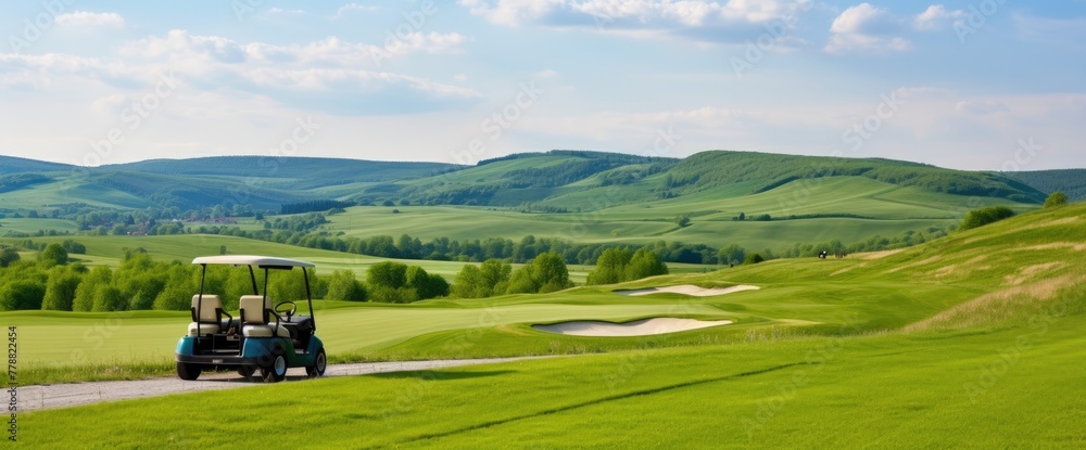 Enjoy a leisurely ride through a gorgeous golf course on a golf cart, taking in the tranquil scenery and pristine greens. Enjoy a leisurely ride through a gorgeous golf course on a golf cart, taking in the tranquil scenery and pristine greens.
