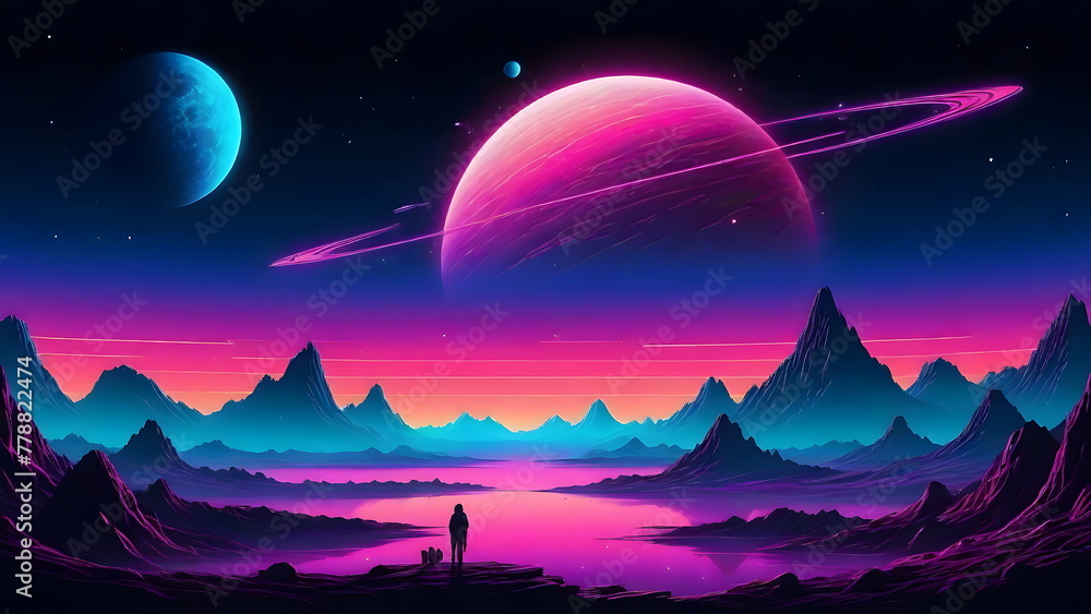 Stunning Neon cyberspace Landscape, Vibrant Mix of Colors, Majestic Mountains
